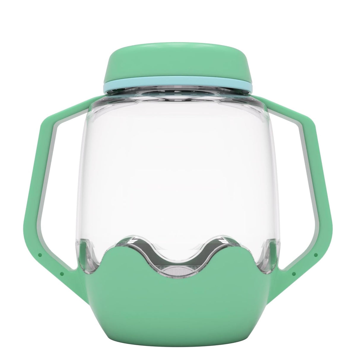 Clear plastic sensory jar with teal green handles, lid, and base against a plain white background.