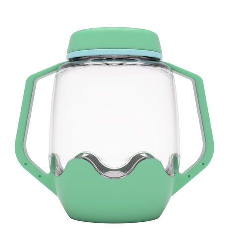 Clear plastic sensory jar with teal green handles, lid, and base against a plain white background.
