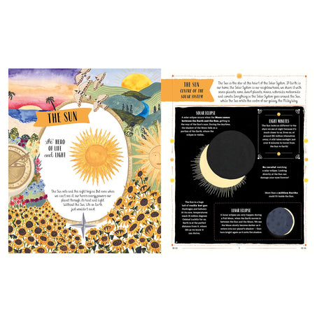 Illustrated children's book spread about the Sun, featuring sunflowers, solar eclipses, and educational astronomy facts.