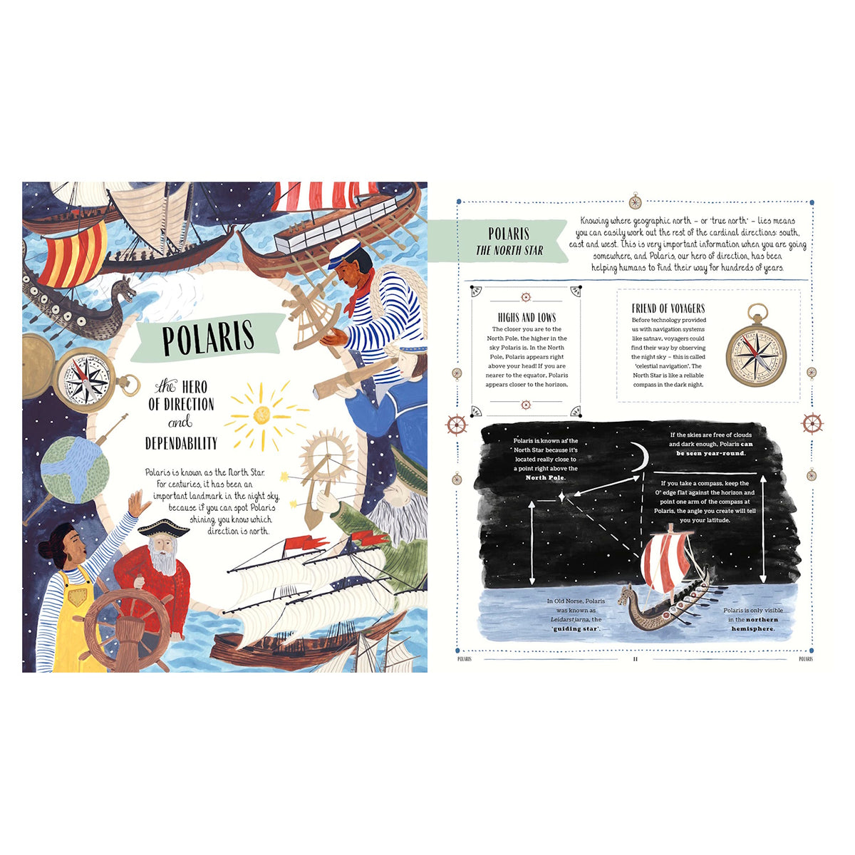 Illustrated guide about Polaris featuring sailors, ships, and celestial navigation diagrams in a starry night sky.
