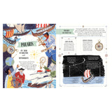 Illustrated guide about Polaris featuring sailors, ships, and celestial navigation diagrams in a starry night sky.