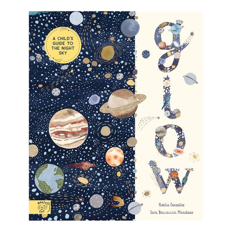 Book cover for "Glow: A Child's Guide to the Night Sky" featuring watercolor planets and stars on a dark blue background.