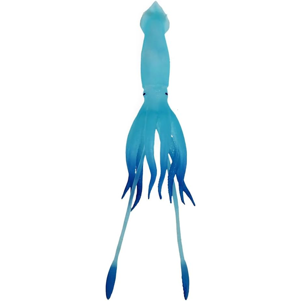 Blue squid lure with gradient tentacles ranging from light blue to dark blue, isolated on a white background, resembling a vibrant sea creature.