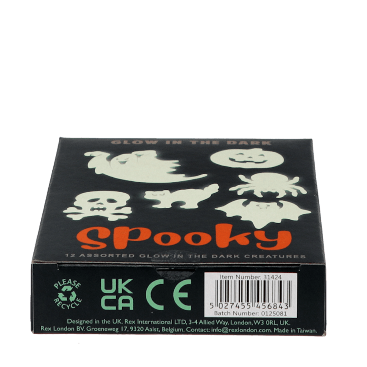 Product box for 12 Spooky glow-in-the-dark creatures showing barcode, item number, and details.