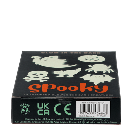 Product box for 12 Spooky glow-in-the-dark creatures showing barcode, item number, and details.