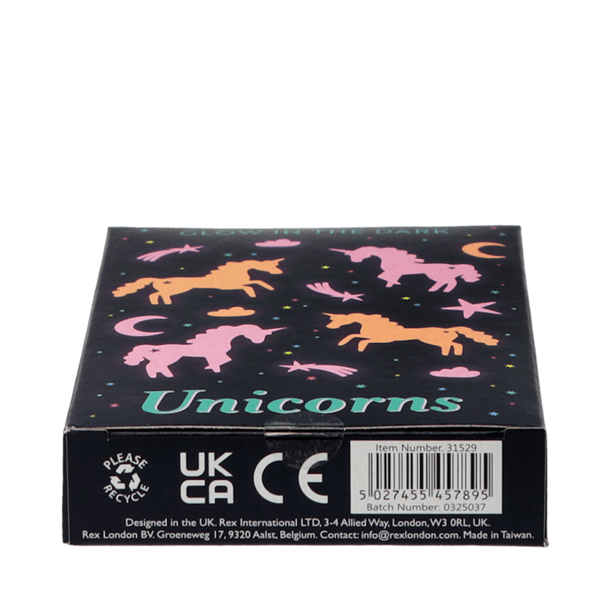Bottom of a Rex London glow-in-the-dark unicorn box featuring barcode and safety logos.