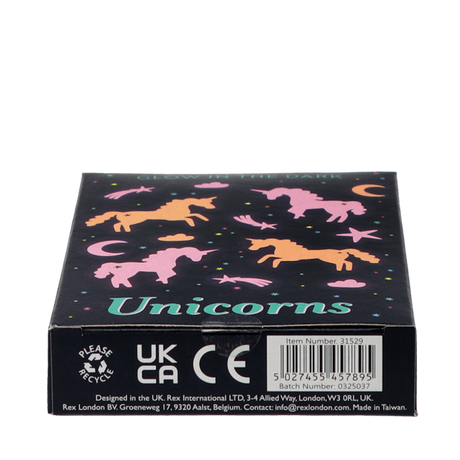 Bottom of a Rex London glow-in-the-dark unicorn box featuring barcode and safety logos.
