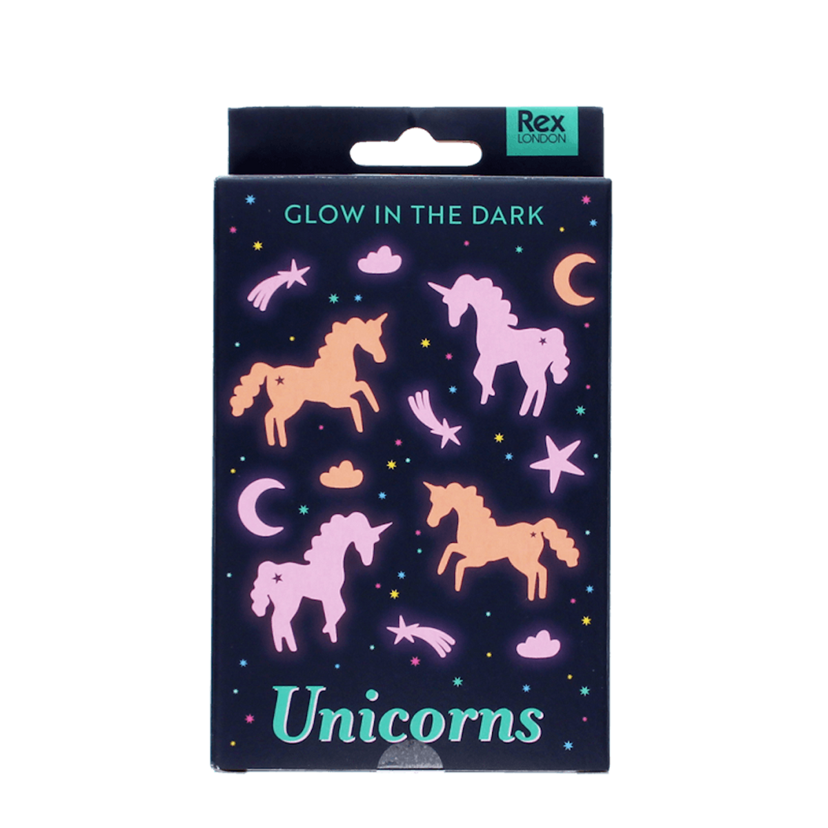 Dark blue box of Rex London glow-in-the-dark unicorn wall stickers with stars and moons.