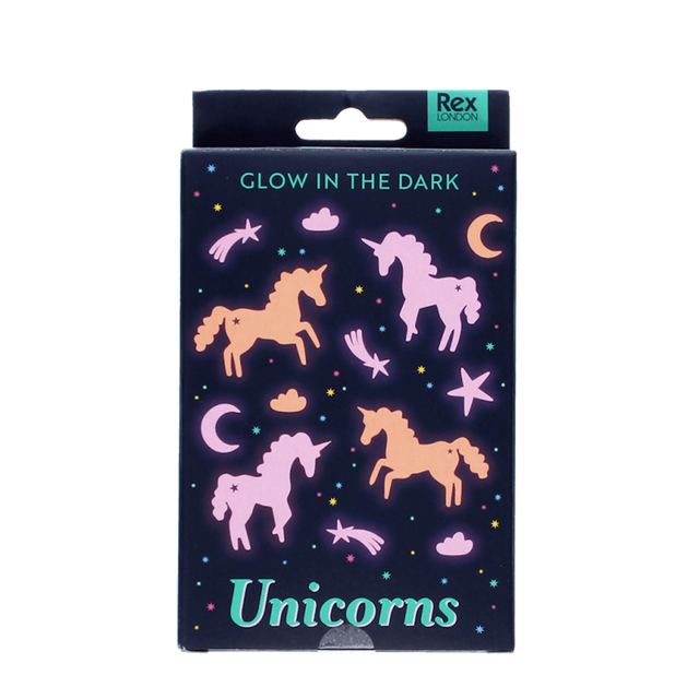 Dark blue box of Rex London glow-in-the-dark unicorn wall stickers with stars and moons.