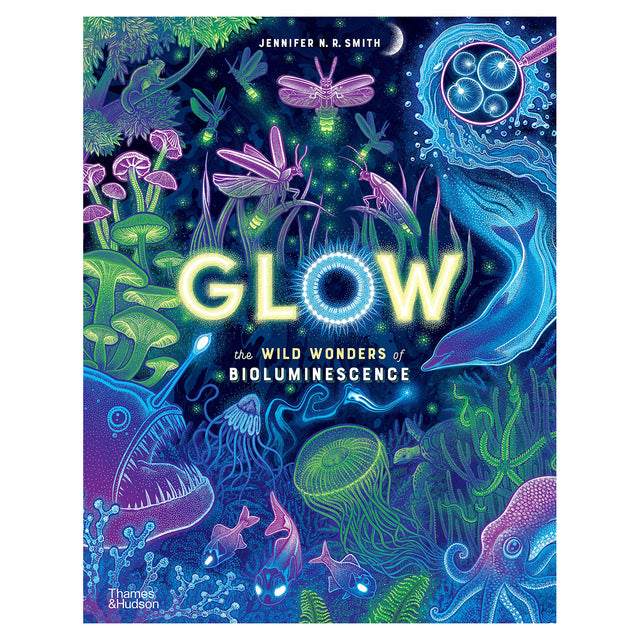 "Glow" book cover by Jennifer N. R. Smith, featuring bioluminescent sea creatures and insects in neon colors.