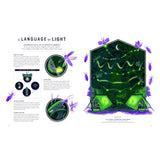 Educational book page about firefly bioluminescence with diagrams of life cycles and night sky flash patterns.