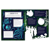Educational book spread about bioluminescence in the deep sea featuring a giant squid illustration and ocean research facts.