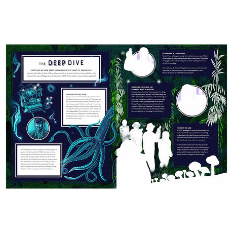Educational book spread about bioluminescence in the deep sea featuring a giant squid illustration and ocean research facts.