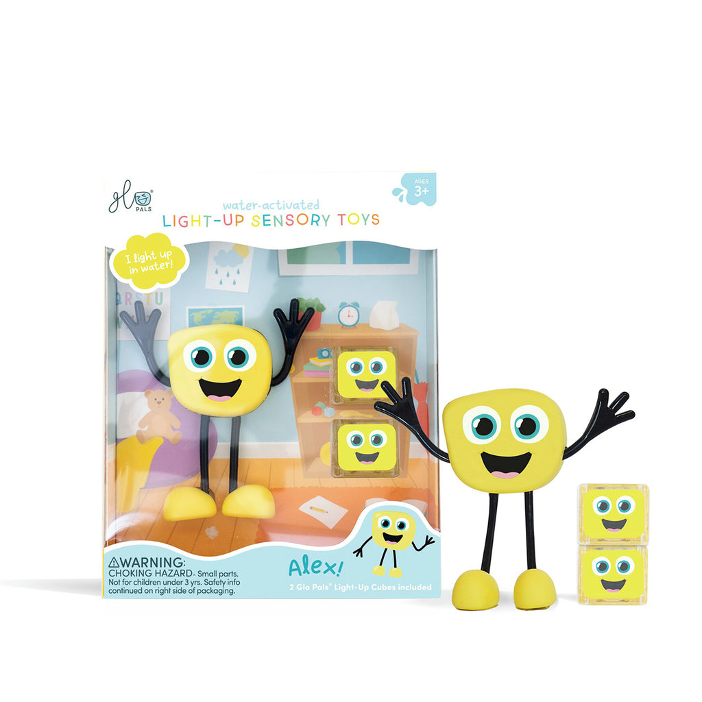 The Glo Pals Alex light-up sensory toy set, featuring the character and two light-up cubes in packaging with a playful background.