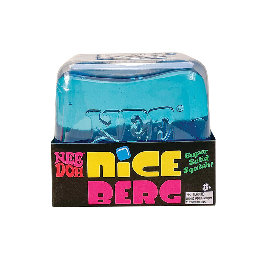 Blue Nee Doh squishy cube in black packaging with bold, colorful text: "Nee Doh Nice Berg, Super Solid Squish!" Bright and playful design.