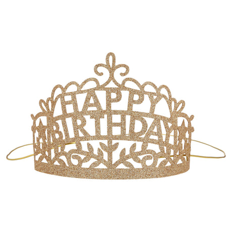 Gold glitter Happy Birthday party tiara with intricate filigree details and an elastic band for party celebrations.
