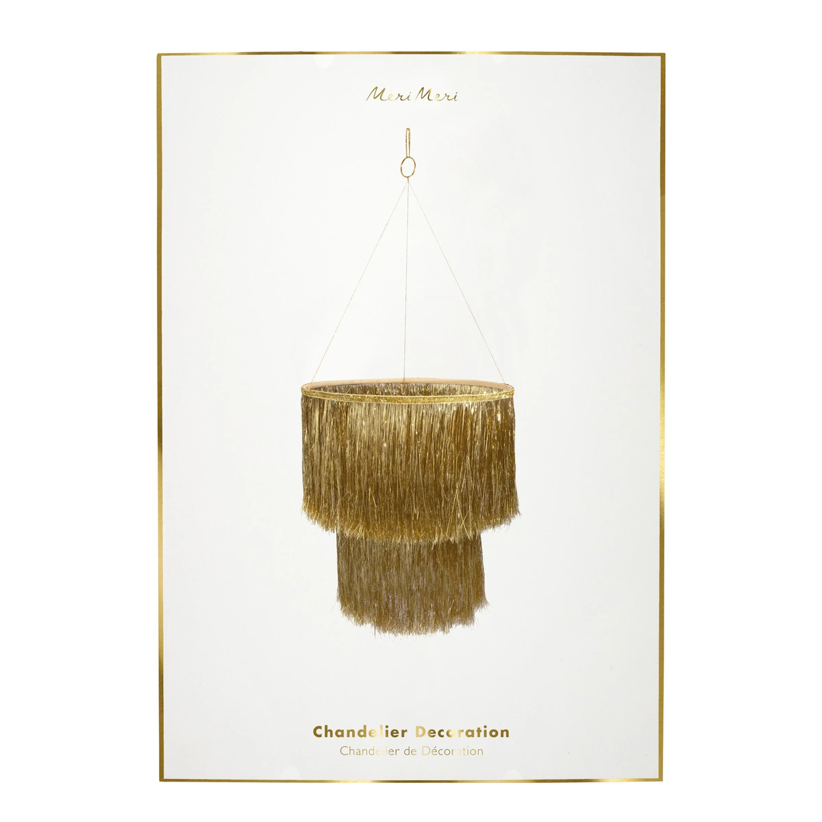 Packaged Meri Meri Gold Tinsel Chandelier Decoration featuring product artwork on a white background.