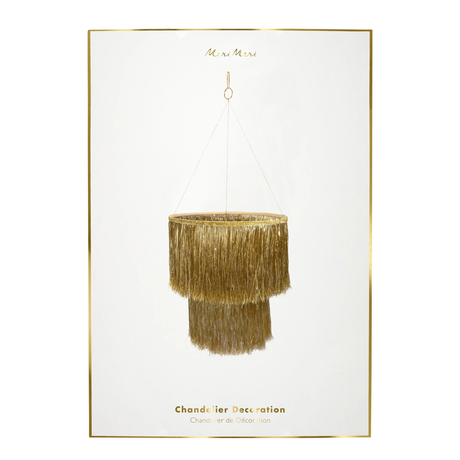Packaged Meri Meri Gold Tinsel Chandelier Decoration featuring product artwork on a white background.