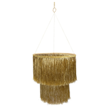 Two-tiered hanging gold tinsel fringe chandelier decoration for party venues.