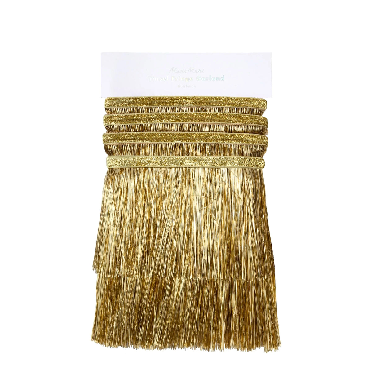 Packaging display for Meri Meri Gold Tinsel Fringe Garland wrapped on a card.