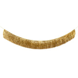 A metallic gold tinsel fringe garland hanging in a gentle arc against a plain white background.