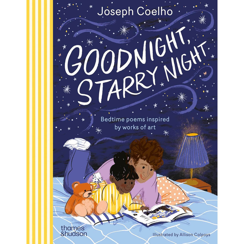 Cover of "Goodnight, Starry Night" by Joseph Coelho. Two children read on a bed under a starry sky, with a lamp glowing warmly beside them.