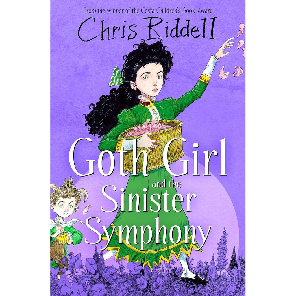 A girl in a green Victorian dress holds a basket on a purple background. A mischievous creature peers from the corner. Title: "Goth Girl and the Sinister Symphony."