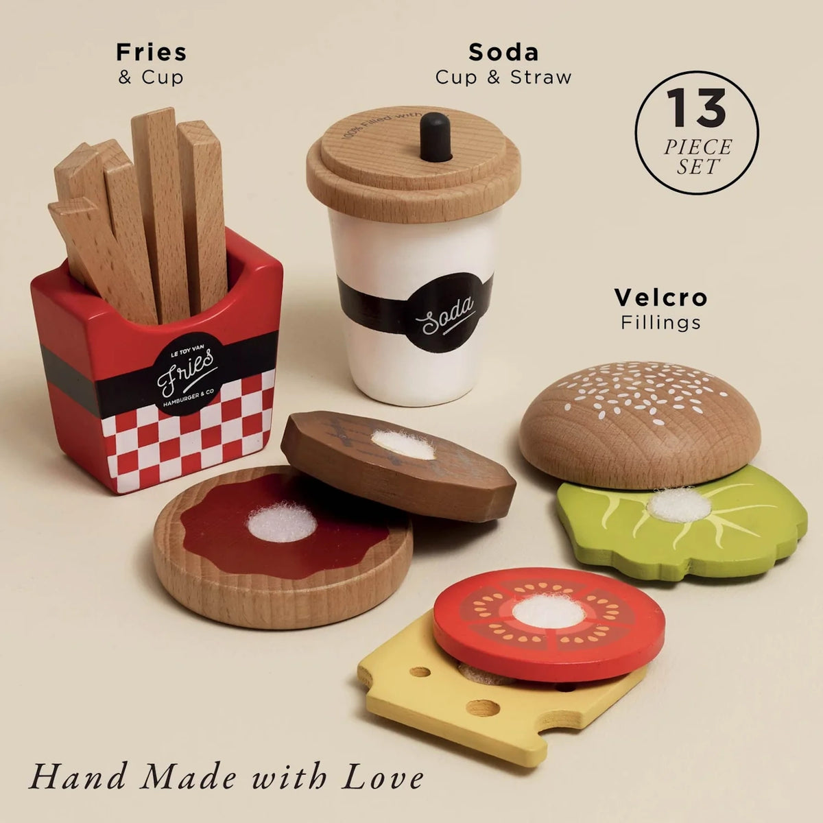 13-piece wooden fast food toy set featuring fries, a soda cup, and Velcro burger fillings.