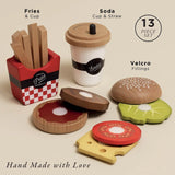 13-piece wooden fast food toy set featuring fries, a soda cup, and Velcro burger fillings.