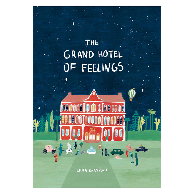 Book cover for The Grand Hotel of Feelings featuring a whimsical red building under a starry night sky.