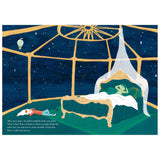 Children's book illustration of a green character resting in a canopy bed under a starry night sky dome.