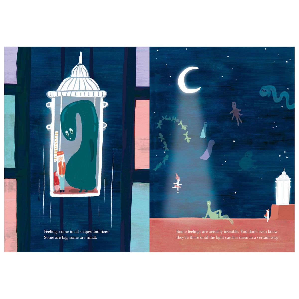 Children's book illustration showing a large green creature in an elevator and various ghost-like figures under a moon.