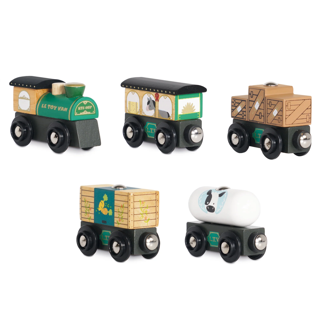 Toy wooden train set with five pieces on a white background. Includes a green engine, two animal-themed cars, a crate car, and a white tanker. Playful and colorful.