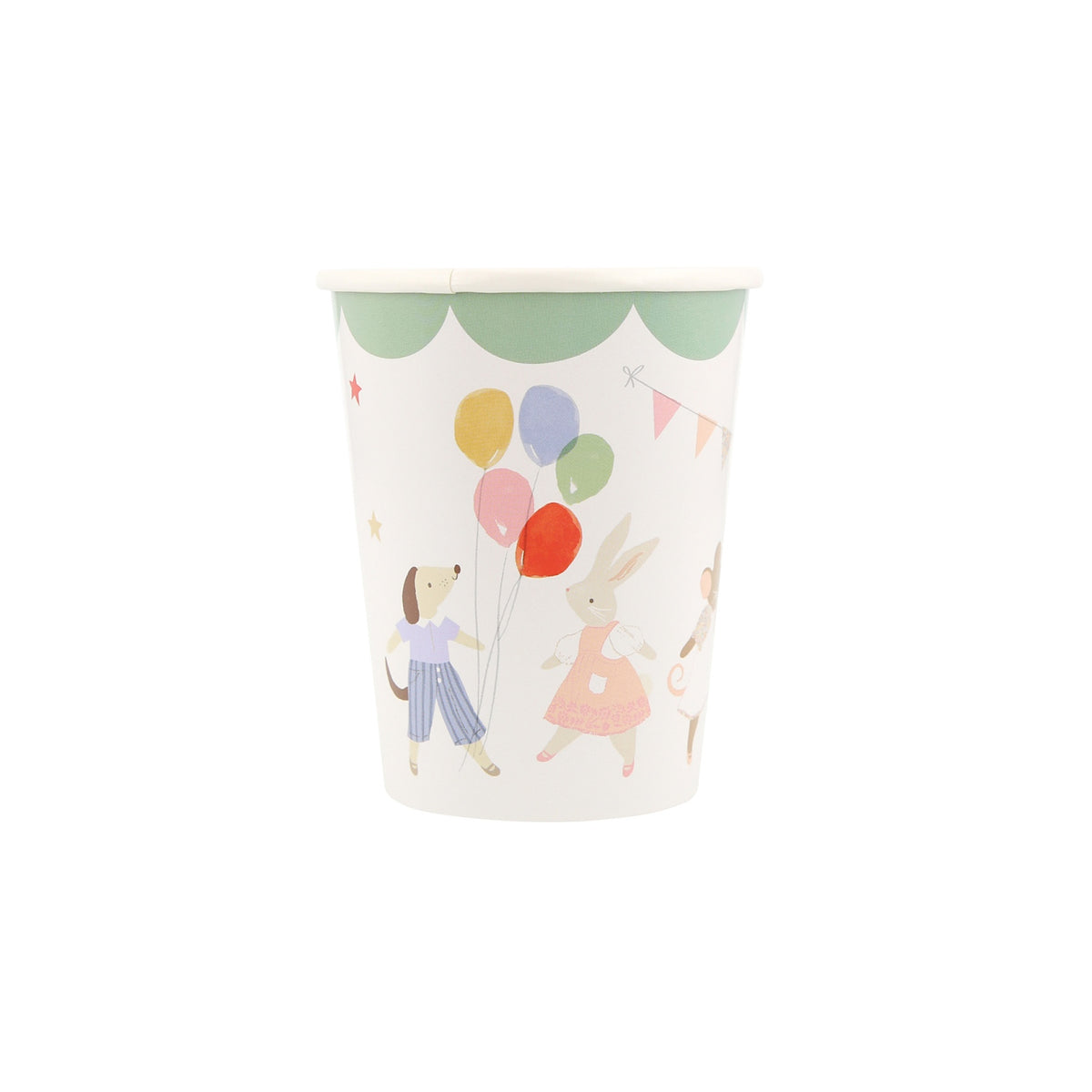 Paper cup with a green scalloped border, illustrated with a dog, a rabbit holding balloons, and bunting.