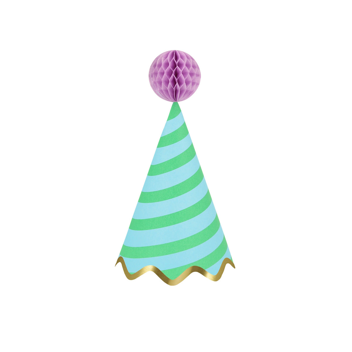 Green and blue striped party hat with a pink honeycomb pom-pom topper and gold scalloped trim on a white background.