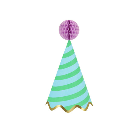 Green and blue striped party hat with a pink honeycomb pom-pom topper and gold scalloped trim on a white background.