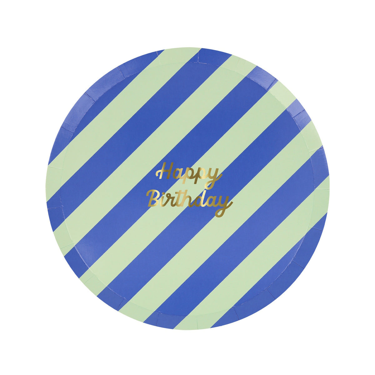 A round paper plate with blue and light green diagonal stripes and "Happy Birthday" written in gold script.