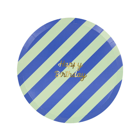 A round paper plate with blue and light green diagonal stripes and "Happy Birthday" written in gold script.