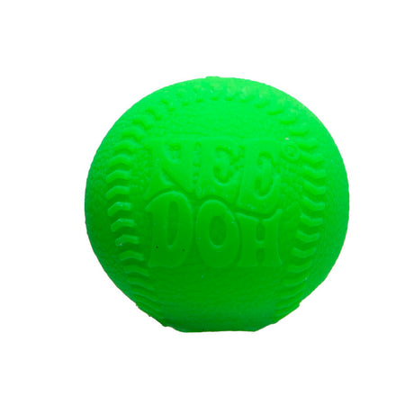 Neon green NeeDoh Hot Shots squishy stress ball with embossed logo and textured baseball stitching on white background
