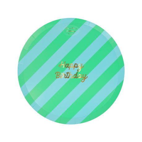 Round paper plate with green and blue diagonal stripes and gold text reading "Happy Birthday".