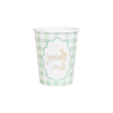 Green and white gingham paper cup featuring a central illustration of two running rabbits.