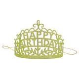 Green glittery "Happy Birthday" party tiara with intricate cut-out designs and an elastic band for a birthday celebration.