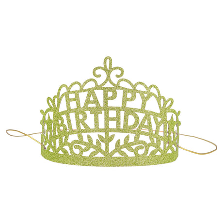 Green glittery "Happy Birthday" party tiara with intricate cut-out designs and an elastic band for a birthday celebration.