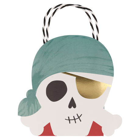Pirate skull party bag with a teal bandana and gold eye patch for kids' birthday treats and favors.