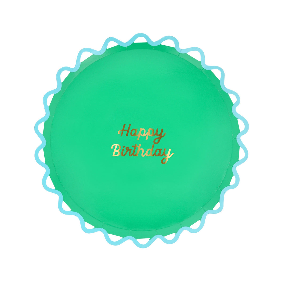 Green Happy Birthday paper plate with a wavy blue wiggle edge and gold script lettering. Perfect for party celebrations.
