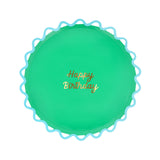 Green Happy Birthday paper plate with a wavy blue wiggle edge and gold script lettering. Perfect for party celebrations.