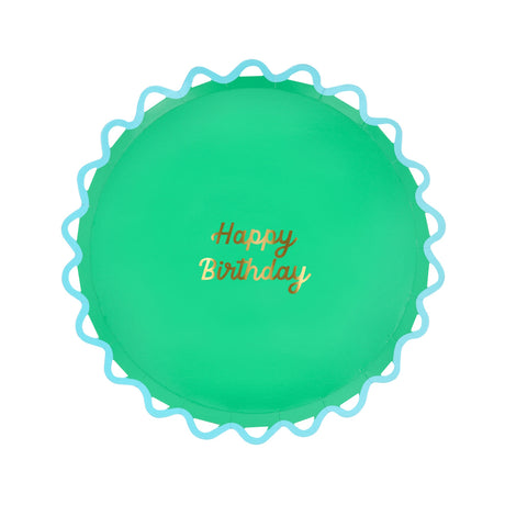 Green Happy Birthday paper plate with a wavy blue wiggle edge and gold script lettering. Perfect for party celebrations.