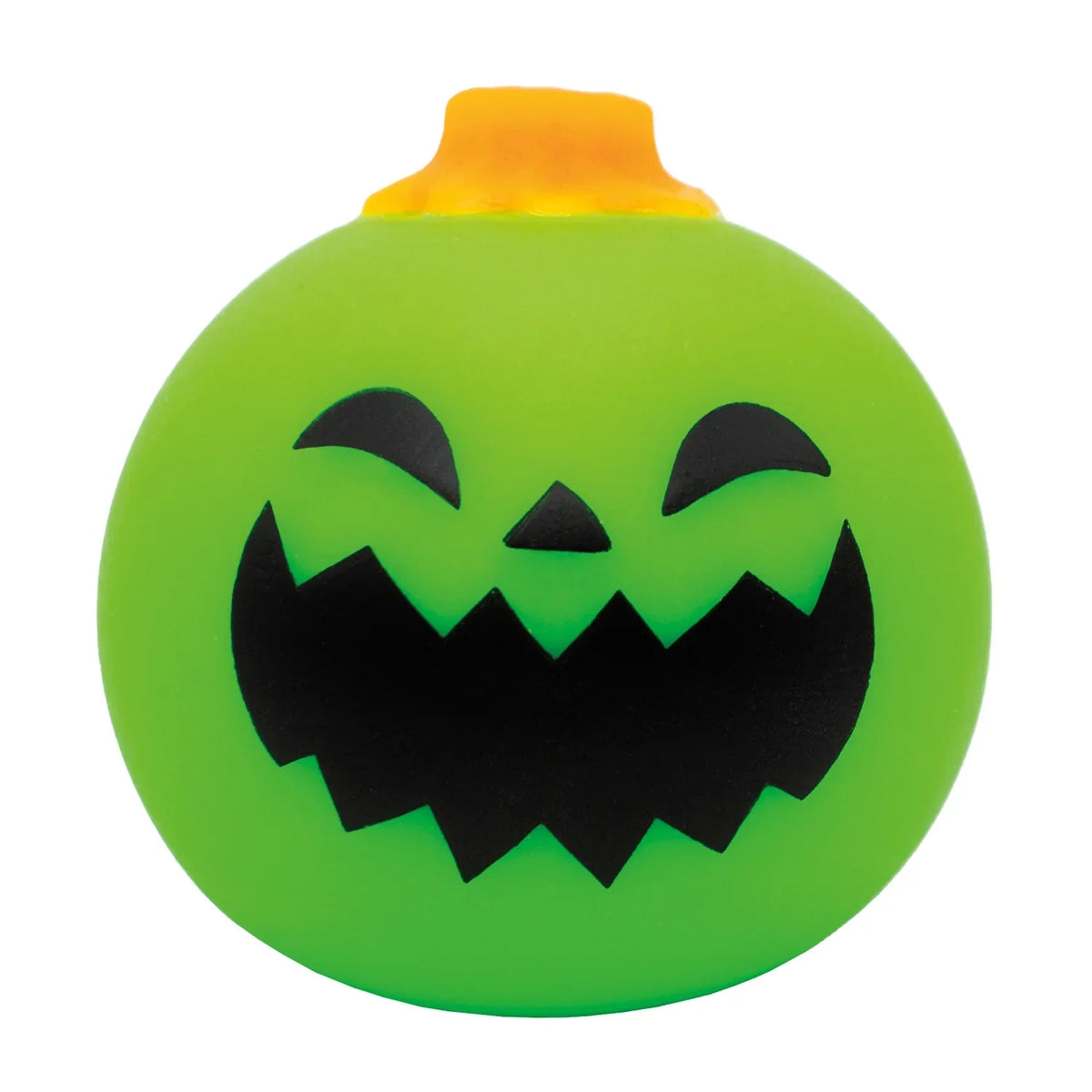 Green NeeDoh Jack-Glow Lantern squishy toy with a black jack-o'-lantern face and orange stem on a white background.