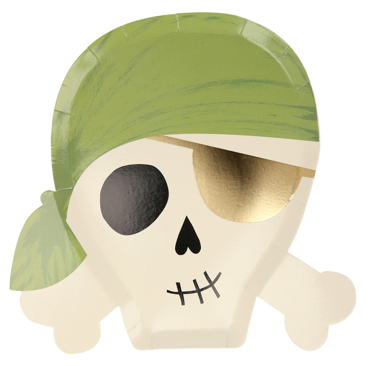 A pirate skull-shaped paper plate wearing a green bandana and a gold eye patch.