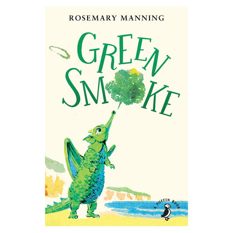 Cover of "Green Smoke" by Rosemary Manning. Features a whimsical green dragon blowing green smoke, set against a seaside backdrop. Playful tone.